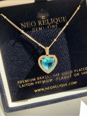14K Gold-Plated Heart Pendant in a stunning inIridescent teal W/ A FREE RING 💍